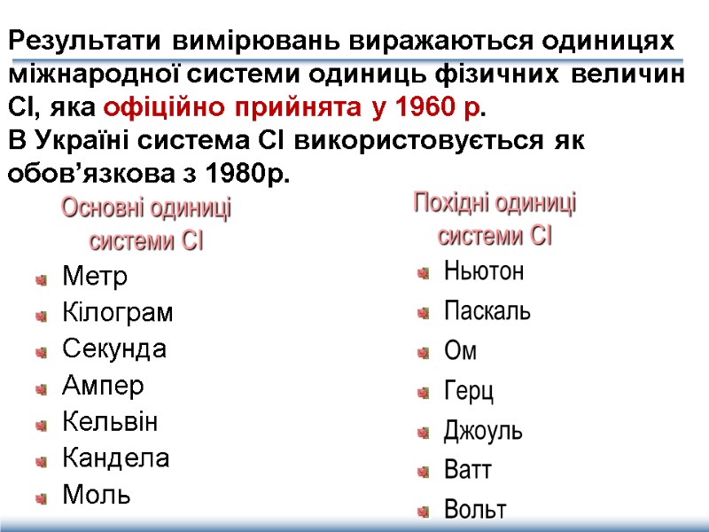 Результати вимірювань виражаються одиницях міжнародної системи одиниць фізичних величин СІ, яка офіційно прийнята у